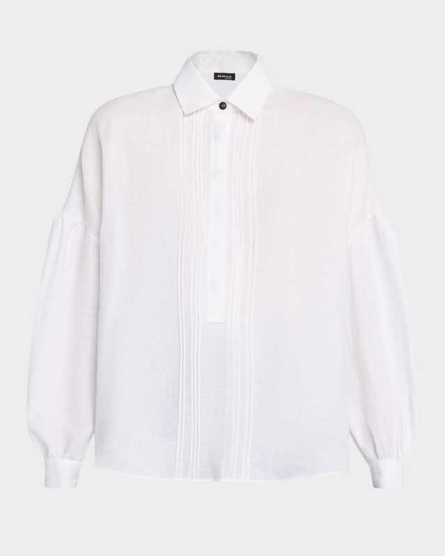 Pleated Puff-Sleeve Linen Button-Down Shirt